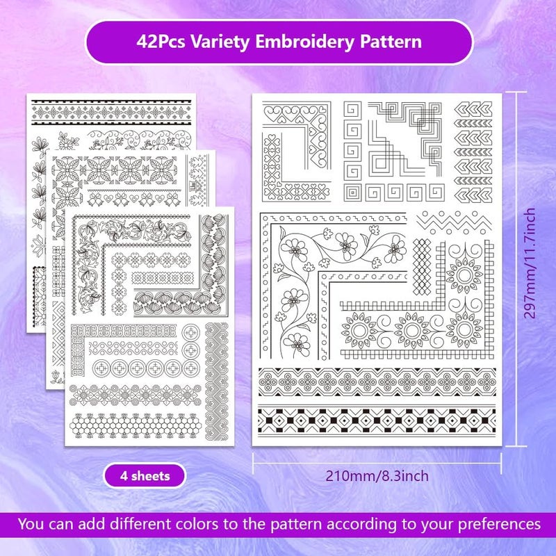 ORIGACH 4 Sheets Water Soluble Embroidery Patterns Stabilizers - Pre-Printed Borders & Motifs Designs - Stick & Stitch Embroidery Paper for Hand Sewing Lovers - Image 2